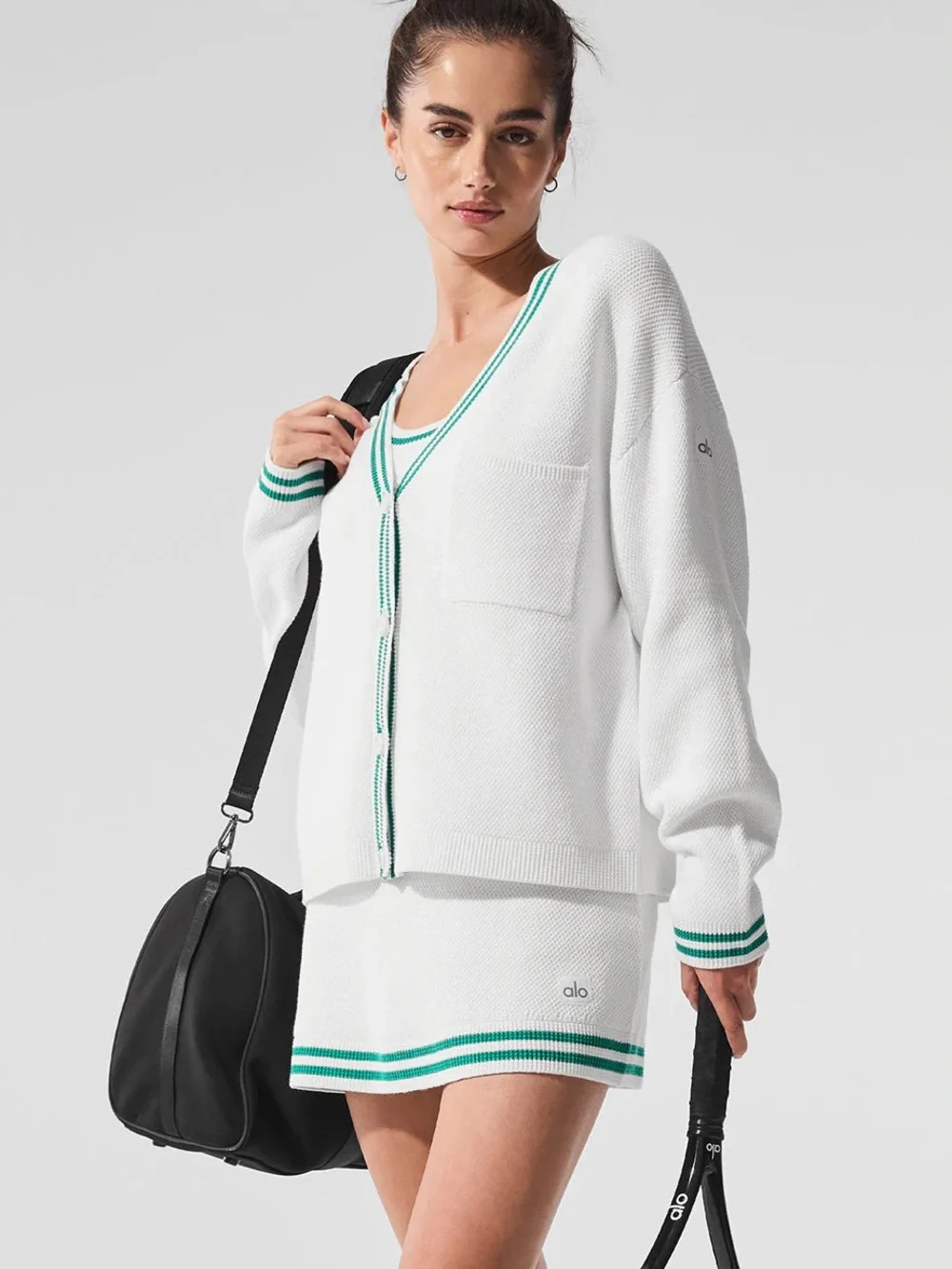 ALO Yoga White V-Neck Cardigan with Green Trim - Women's Sweater. S NWOT